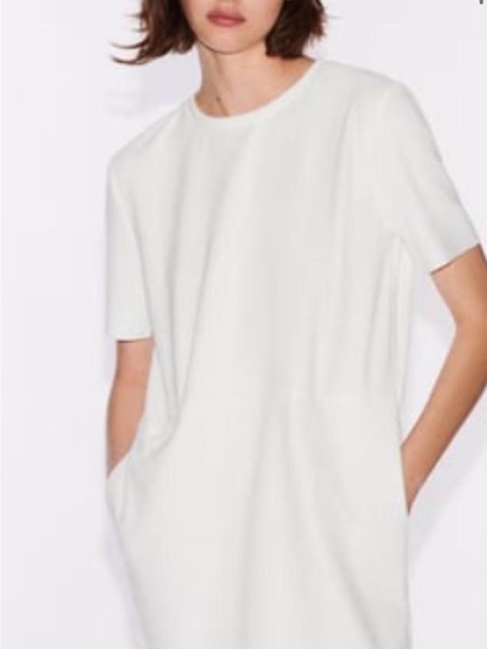 Zara white Short-Sleeve Shift Mini Dress with pockets size small